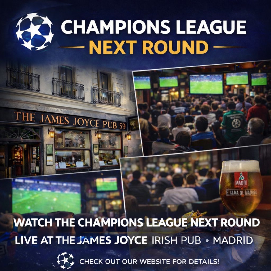Champions League – próxima ronda ⚽🍻
En directo en The James Joyce Irish Pub.
Gran ambiente, pantallas por todas partes y pintas bien frías.
👉 Reserva con antelación — se llena rápido. ⚽🍺

#baresmadrid #futbolmadrid #pubsmadrid #championsmadrid #footballpubsmadrid #madrid