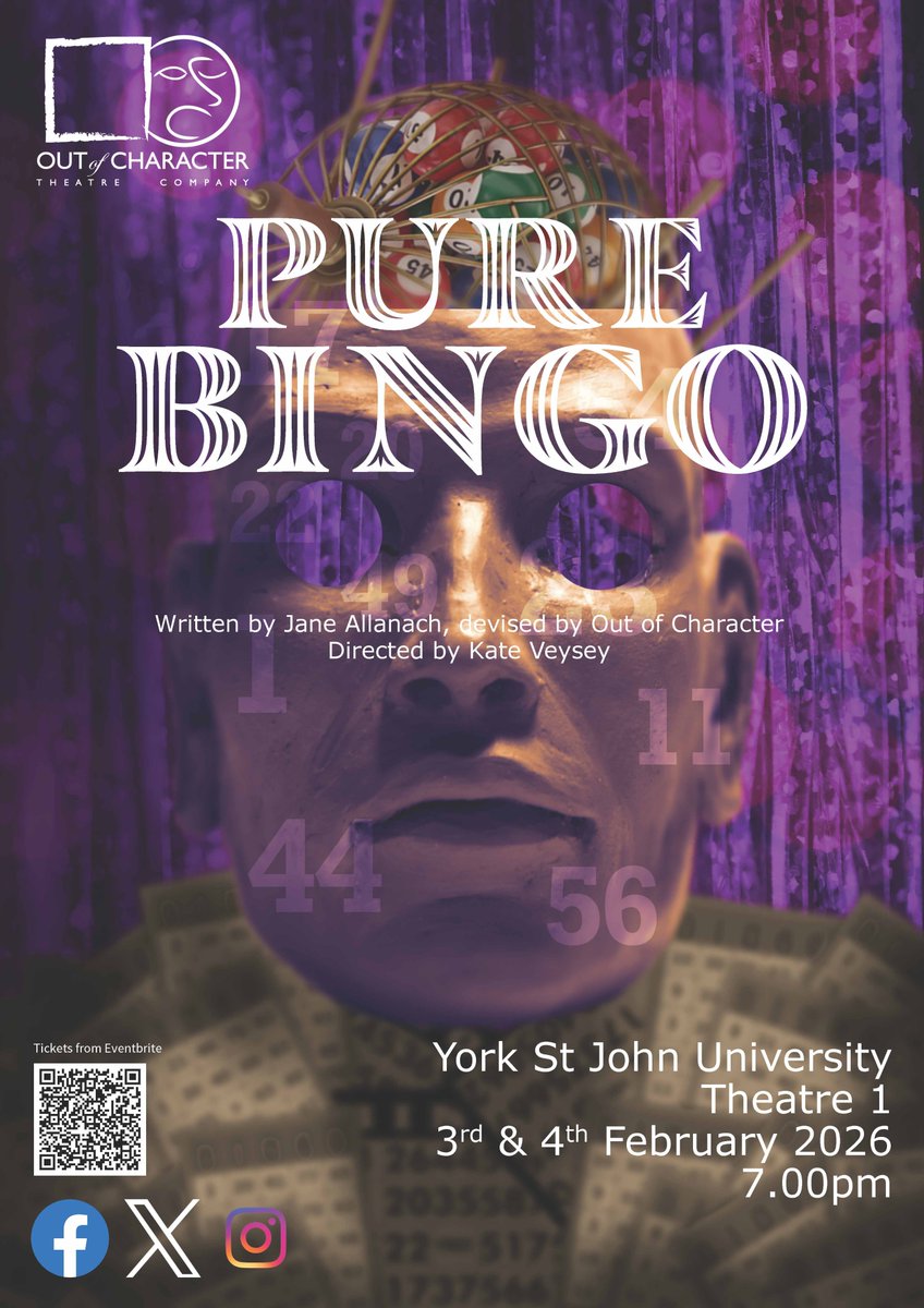OutCharacter's tweet photo. @OutCharacter presents Pure Bingo TONIGHT!
The dabbers are ready, the players are nervous, and the Caller promises only one thing:
Tell your truth…or lose the game.
Part comedy, part confession, part psychological game show.
https://t.co/me80xGejF2
@YorkStJohn https://t.co/jccI8CtiGN