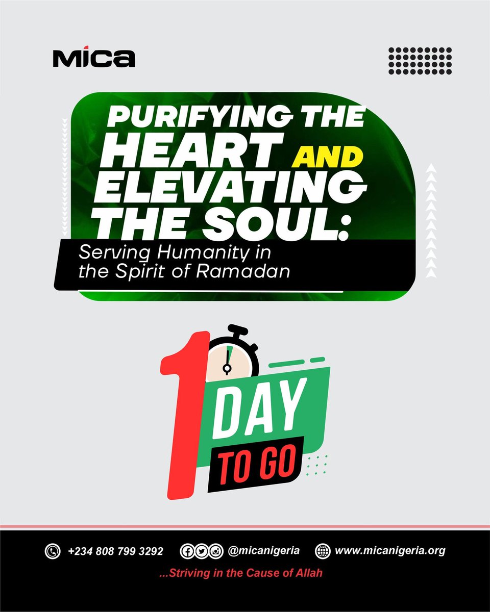 micanigeria's tweet photo. One day to go.

Before Ramadan begins, we pause
to cleanse intention, refine the heart, and re-commit to serving with purpose.

MICA Floor is not a program.
It’s a moment of alignment.

Be in the room.

📍 Crescent Schools, 1004 Estate, VI
⏰ 11:00 AM https://t.co/ggNH4vXWmo