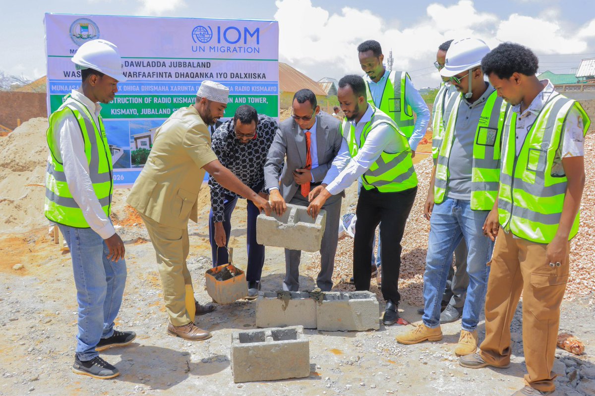 MOICTJUBALAND's tweet photo. Today, the Jubbaland Ministry of Information laid the foundation for the new Radio Kismayo HQ and transmission tower. Supported by IOM, the project will extend coverage up to 130km, helping deliver government messages and counter extremist narratives. https://t.co/pWABgB9wdm