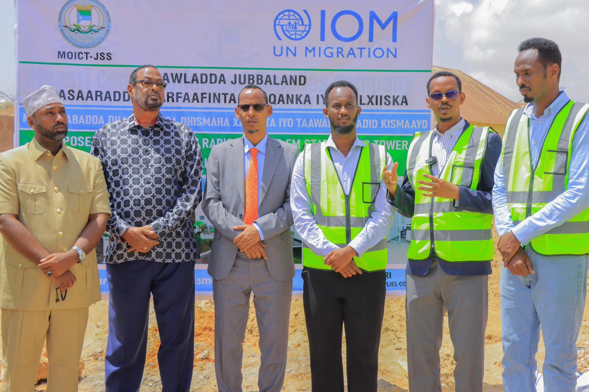 MOICTJUBALAND's tweet photo. Today, the Jubbaland Ministry of Information laid the foundation for the new Radio Kismayo HQ and transmission tower. Supported by IOM, the project will extend coverage up to 130km, helping deliver government messages and counter extremist narratives. https://t.co/pWABgB9wdm
