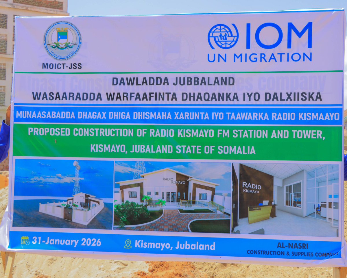 MOICTJUBALAND's tweet photo. Today, the Jubbaland Ministry of Information laid the foundation for the new Radio Kismayo HQ and transmission tower. Supported by IOM, the project will extend coverage up to 130km, helping deliver government messages and counter extremist narratives. https://t.co/pWABgB9wdm