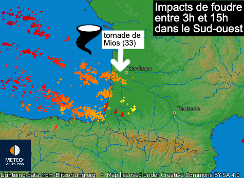 Meteovilles's tweet photo. Depuis cette nuit des lignes d'orage se sont formées sur le golfe de Gascogne et ont traversé une partie de l'Aquitaine, engendrant une #tornade à #Mios un peu avant midi. https://t.co/JgaUhazREh