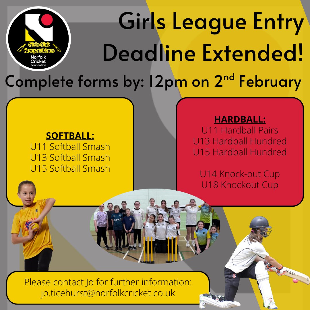 👧Girls Cricket Leagues 2026👧

Entries to be completed by 2nd Feb

Consider signing up:
-All leagues are 8-a-side
-U11 &amp; U13 Softball Smash are perfect for Dynamos &amp; beginners
-NEW Hundred Cup for U14 &amp; U18

🏆2026 is the Women's T20 World Cup year
 
🔗forms.gle/dxigA1xSG8iWmX…