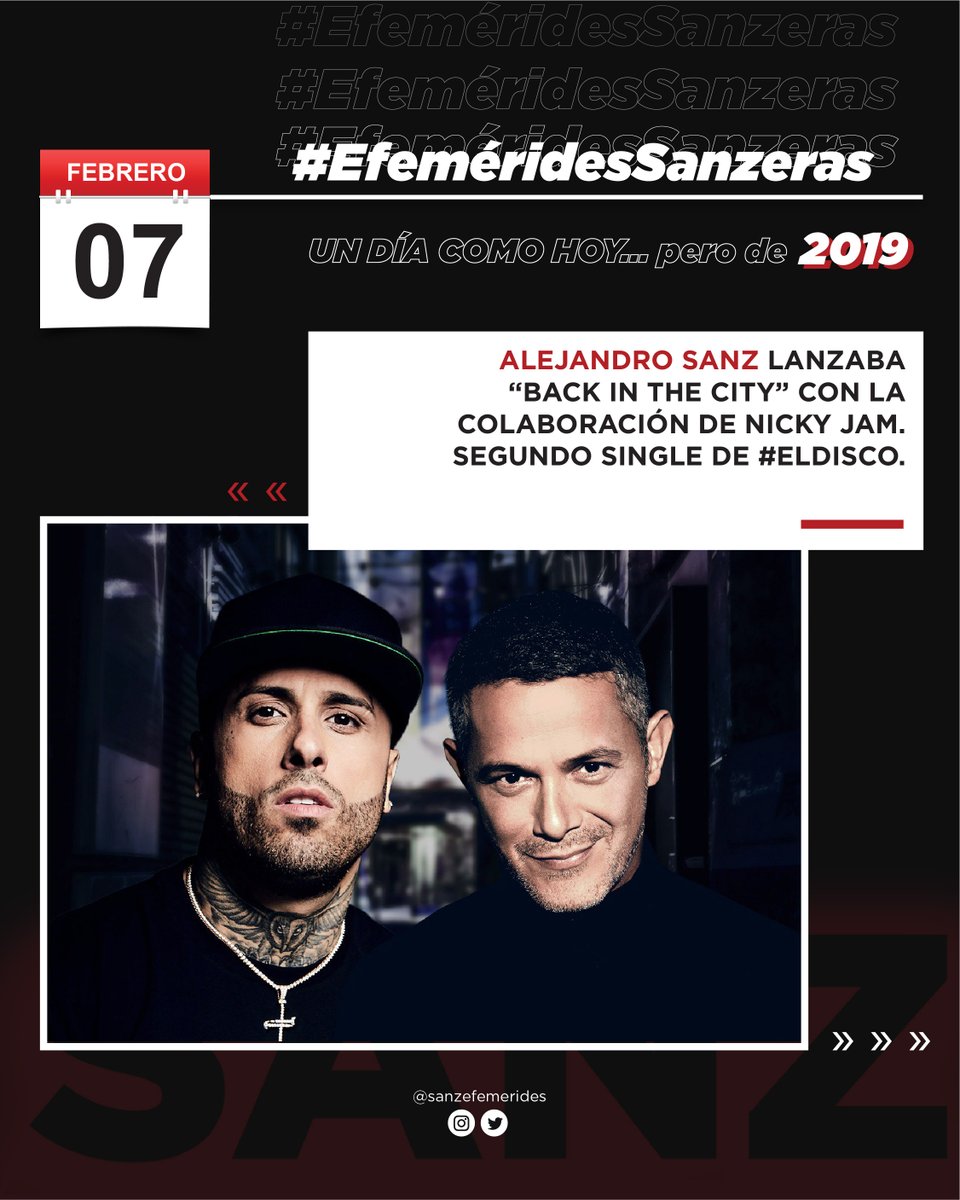 SanzEfemerides's tweet photo. 🗓 | #EfemeridesSanzeras
Un día como hoy, @AlejandroSanz estrenaba "Back in the city" con la colaboración de Nicky Jam, Segundo single de #ElDisco
#AlejandroSanz
#UnDíaComoHoy #TalDíaComoHoy #Efemérides https://t.co/eiLWvzrx8V