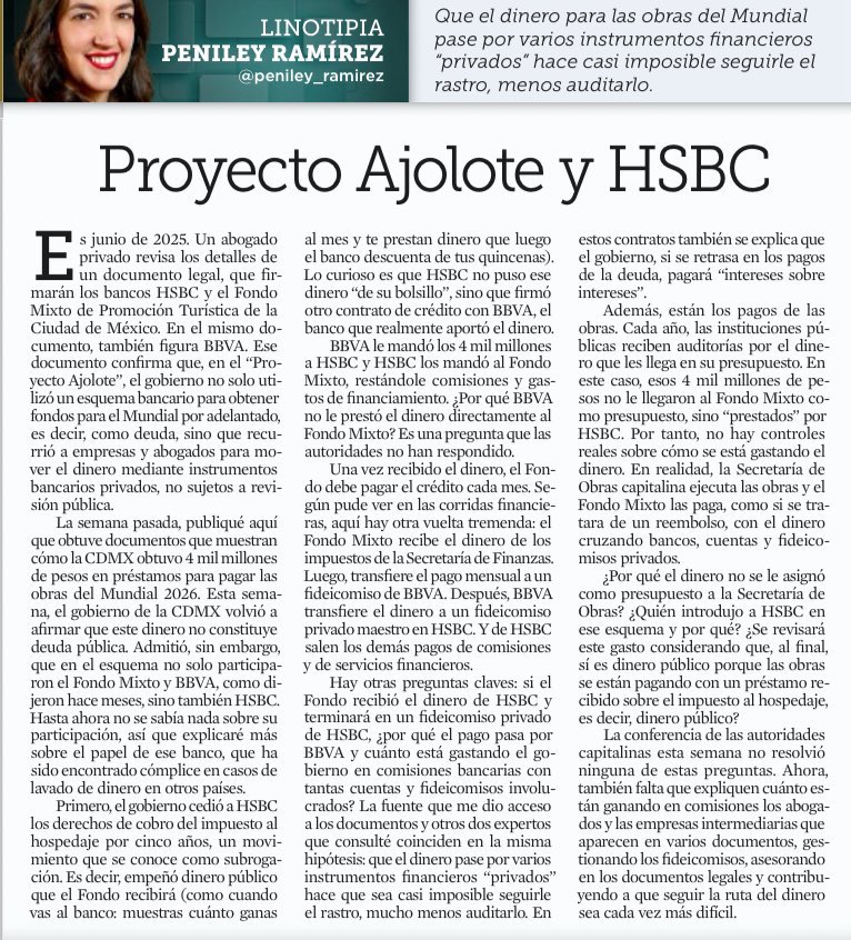 ferbelaunzaran's tweet photo. Crece el escándalo de las obras del Mundial en CDMX:

Lean a @peniley_ramirez:

Proyecto Ajolote y HDB 

“…coinciden en la misma hipótesis: que el dinero pase por varios instrumentos financieros ‘privados’ hace que sea casi imposible seguirle el rastro, mucho menos auditarlo” https://t.co/GptoktsSgX