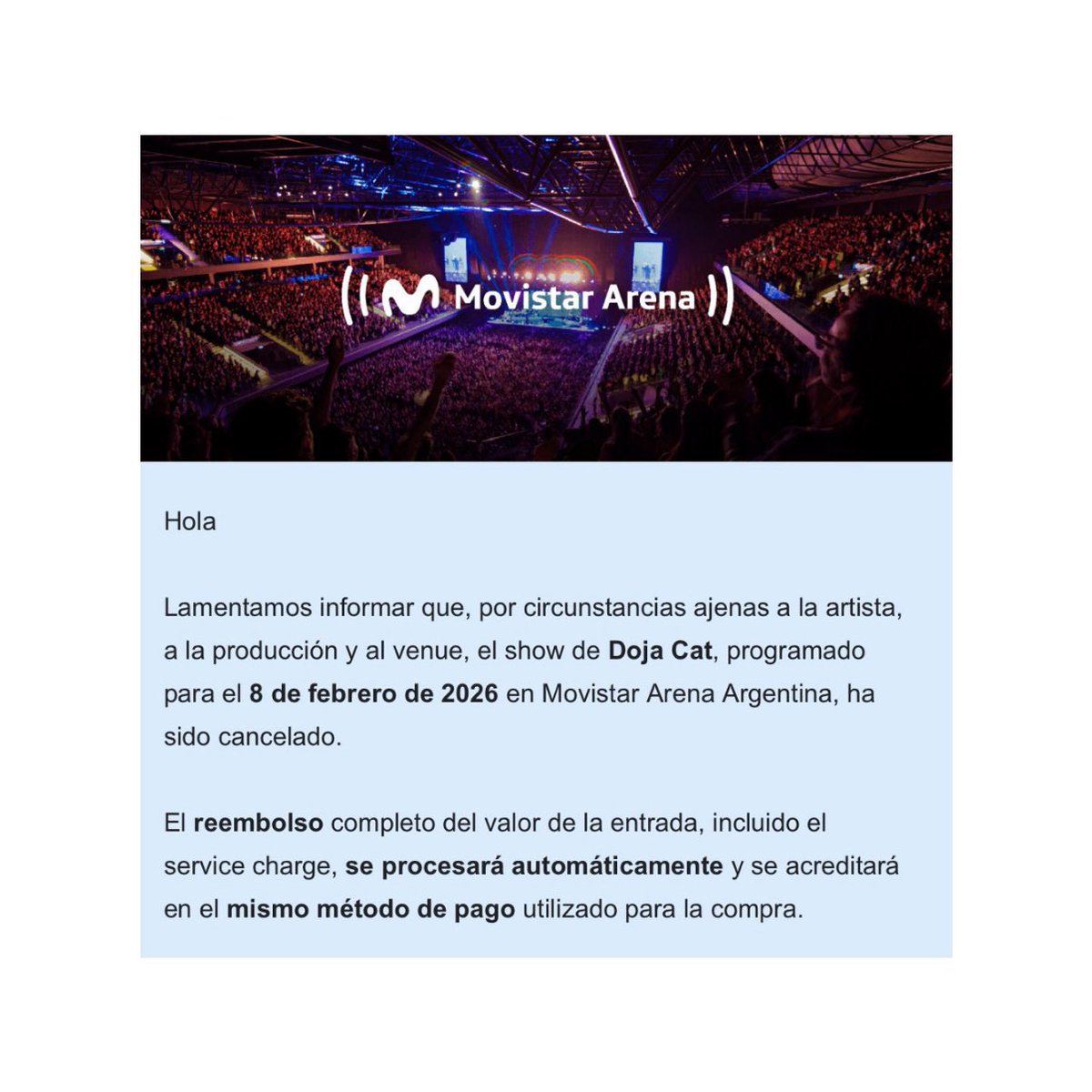 fedeebongiorno's tweet photo. 🎫 Se canceló el show de Doja Cat en Buenos Aires, originalmente programado para el 8 de febrero https://t.co/AuwONJuqdb
