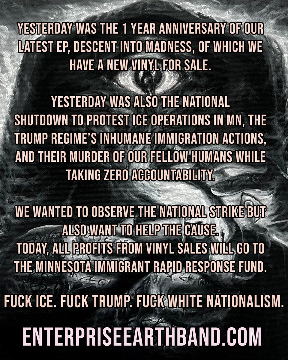 EEarthBand's tweet photo. Today, all profits from our new DiM vinyl sales will go to the Minnesota Immigrant Rapid Response fund. 

Fuck ICE. Fuck Trump. Fuck White Nationalism. https://t.co/R3XlVZfDRF