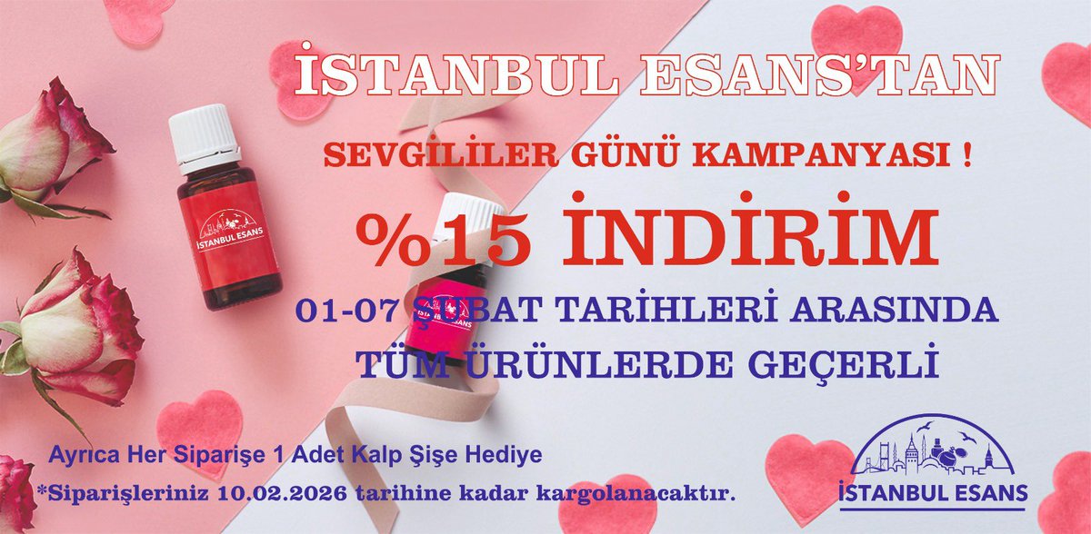Arkadaşlar merhaba
Kampanya 1-7 Şubat arasında geçerlidir.
Tüm siparişleri  10 Şubat’a kadar  kargolamayı planlıyoruz.

Keyifli alışverişler dileriz.

<a href="/istanbulesans/">İSTANBUL ESANS</a>