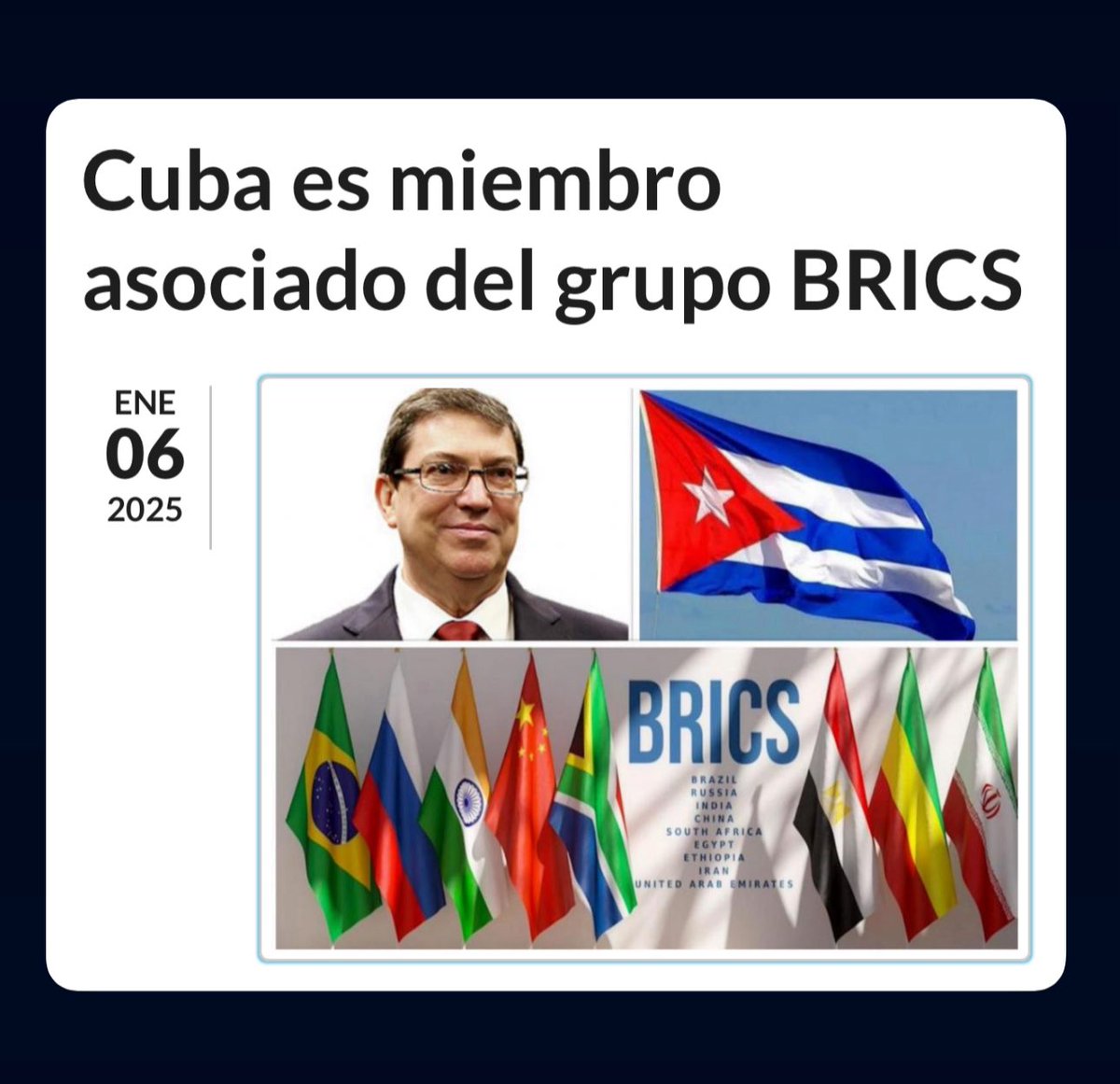 Tiro un facto y me voy 🇨🇺 Cuba es miembro asociado de los BRICS desde 2025. La decadencia o colapso económico de Cuba solo demostraría que los BRICS no funcionan como bloque. Podríamos tirar a la basura todos los análisis del mundo miltilateral si en este momento crucial los