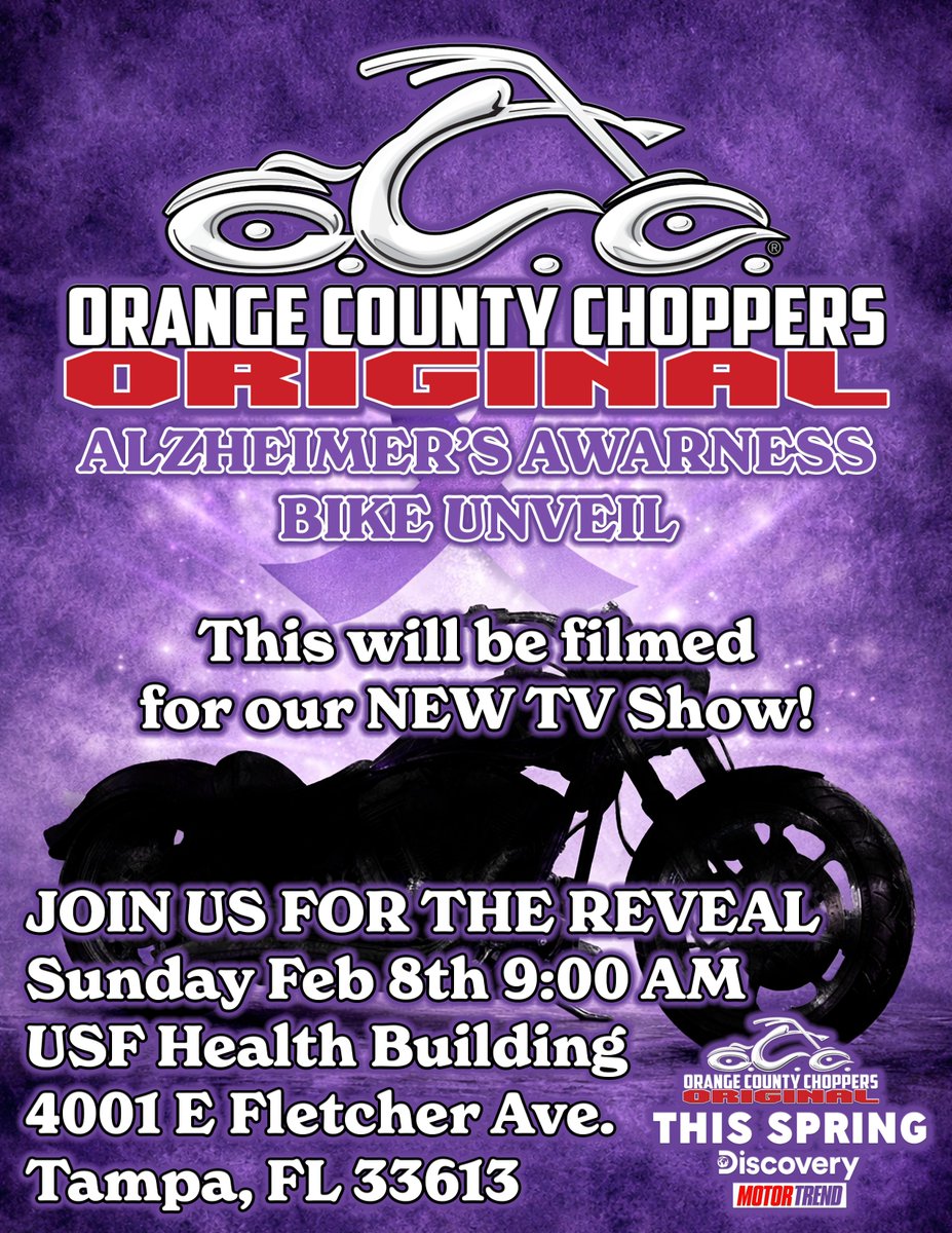 USFHealthByrd's tweet photo. #motorcycle enthusiasts - County Choppers Original TV show will film the “Alzheimer’s Awareness Bike Reveal” at 9 am on Feb 8th at the Byrd Institute’s parking lot. Paul Teutel, Sr., will reveal a custom-made Chopper Motorcycle to a client promoting Alzheimer’s Dementia Awareness https://t.co/BVyerPP4SY