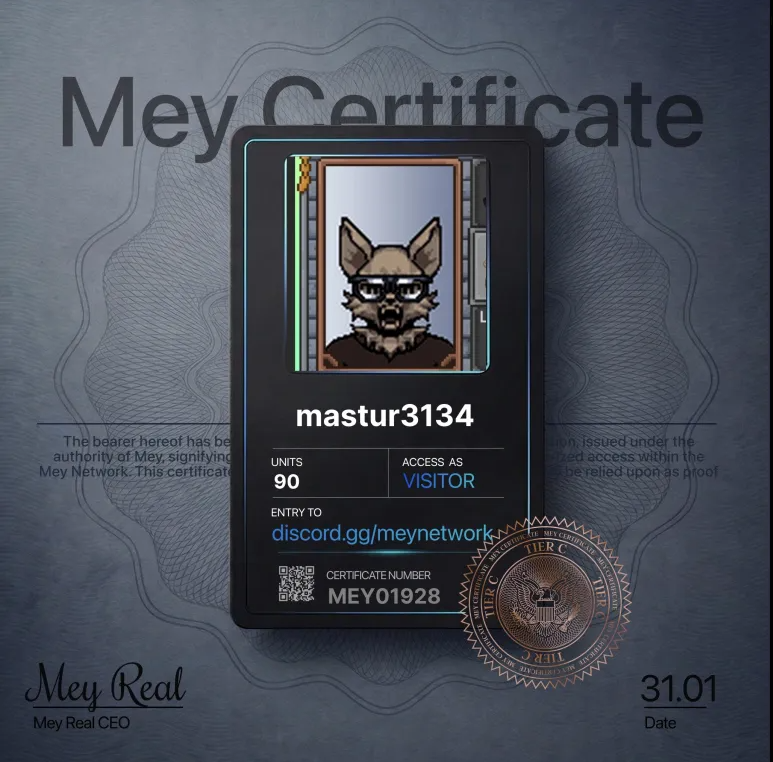 Got my **MEY Certificate** and unlocked access to MEY HQ.

Lowkey curious how rare my tier is.

What did you pull?

@mey_network → discord.gg/meynetwork