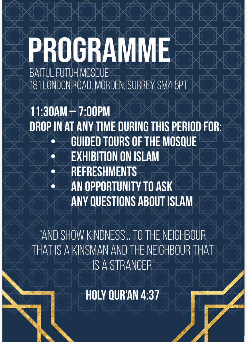 Join us on Saturday 7th February for a drop-in tour of Britain’s biggest mosque. Visit anytime between 11.30am and 7.00pm for a guided tour, an exhibition on Islam, and the opportunity to ask any questions you may have about Islam!