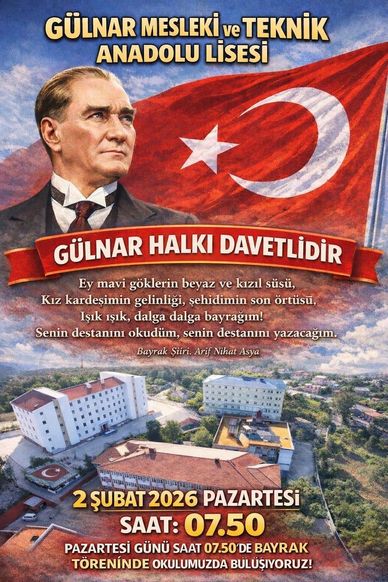 GulnarMTAL's tweet photo. Tüm Gülnar Halkı 2 Şubat Pazartesi günkü bayrak törenimize davetlidir. @GulnarKaymakam @Muhammed0744 @FatihBurgut  @h_kadim33 @GulnarMEM @RamazanKOZ16 https://t.co/91f0Nv05IZ