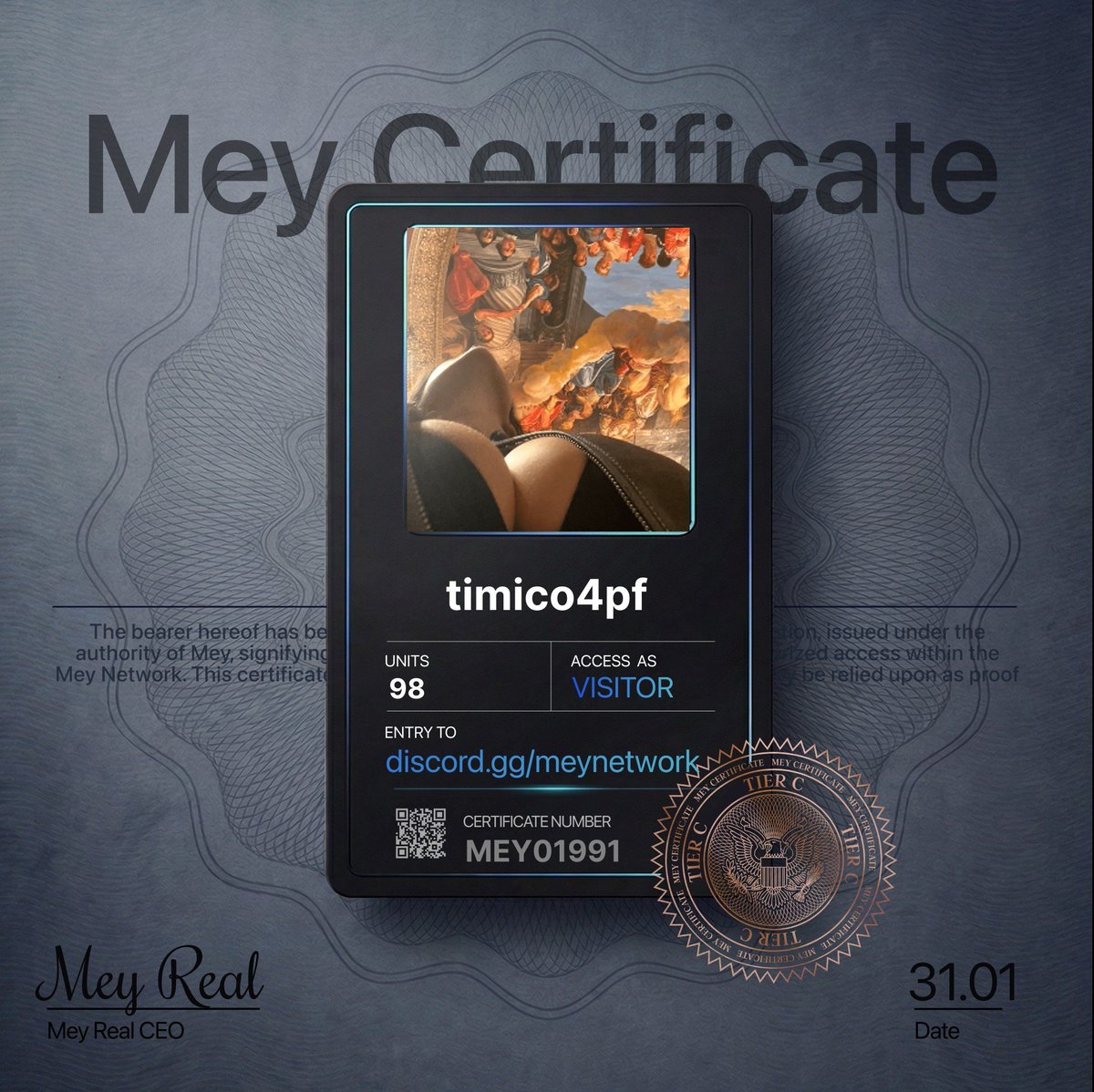 Randomtimi's tweet image. Got my **MEY Certificate** and unlocked access to MEY HQ.

Lowkey curious how rare my tier is.

What did you pull?

@mey_network → discord.gg/meynetwork