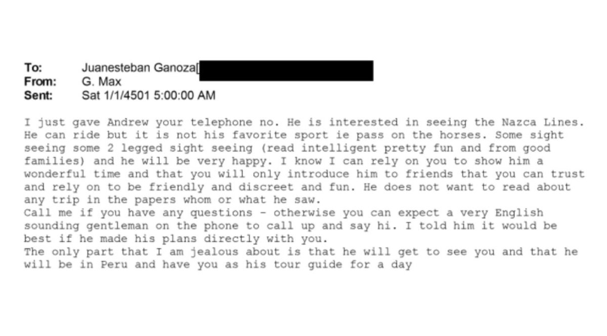 Digan q gran medio de comunicación está cubriendo lo de Epstein o los correos de Juan Esteban Ganoza, trujillano vinculado al caso hace como cinco años, con Ghislaine Maxwell (reclutadora de menores) y sus vínculos con el príncipe Andrew, acusado de violación, en su visita a Perú