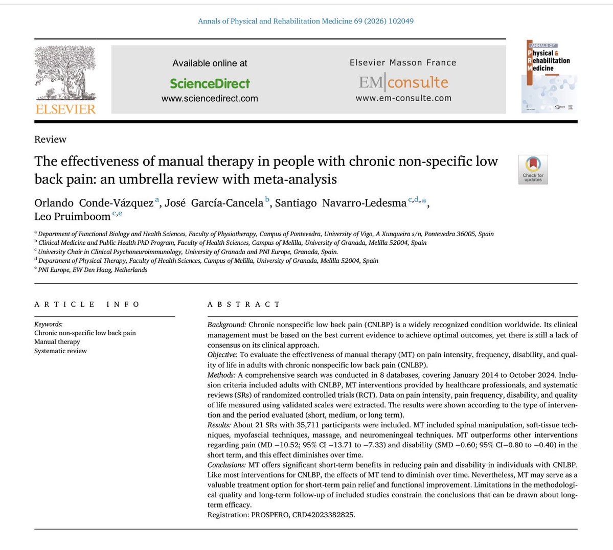 Retlouping's tweet image. The effectiveness of manual therapy in people with chronic non-specific low back pain: an umbrella review with meta-analysis sciencedirect.com/science/articl…
MT offers significant short-term benefits in reducing pain &amp;amp; disability in CNLBP…..effects tend to diminish over time.