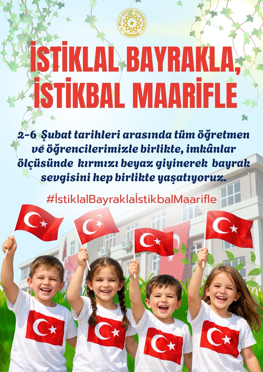 🇹🇷 Haydi Bayraklarımızla Okullarımıza!

Türkiye Yüzyılı Maarif Modeli’nin bizlere emanet ettiği değerler ışığında; kardeşliğin, birlik ve beraberliğin en güçlü sembolü olan Türk Bayrağı etrafında buluşuyoruz.
Haydi, bayraklarımızı alıp okullarımıza gidiyoruz…
Kırmızı-beyazın