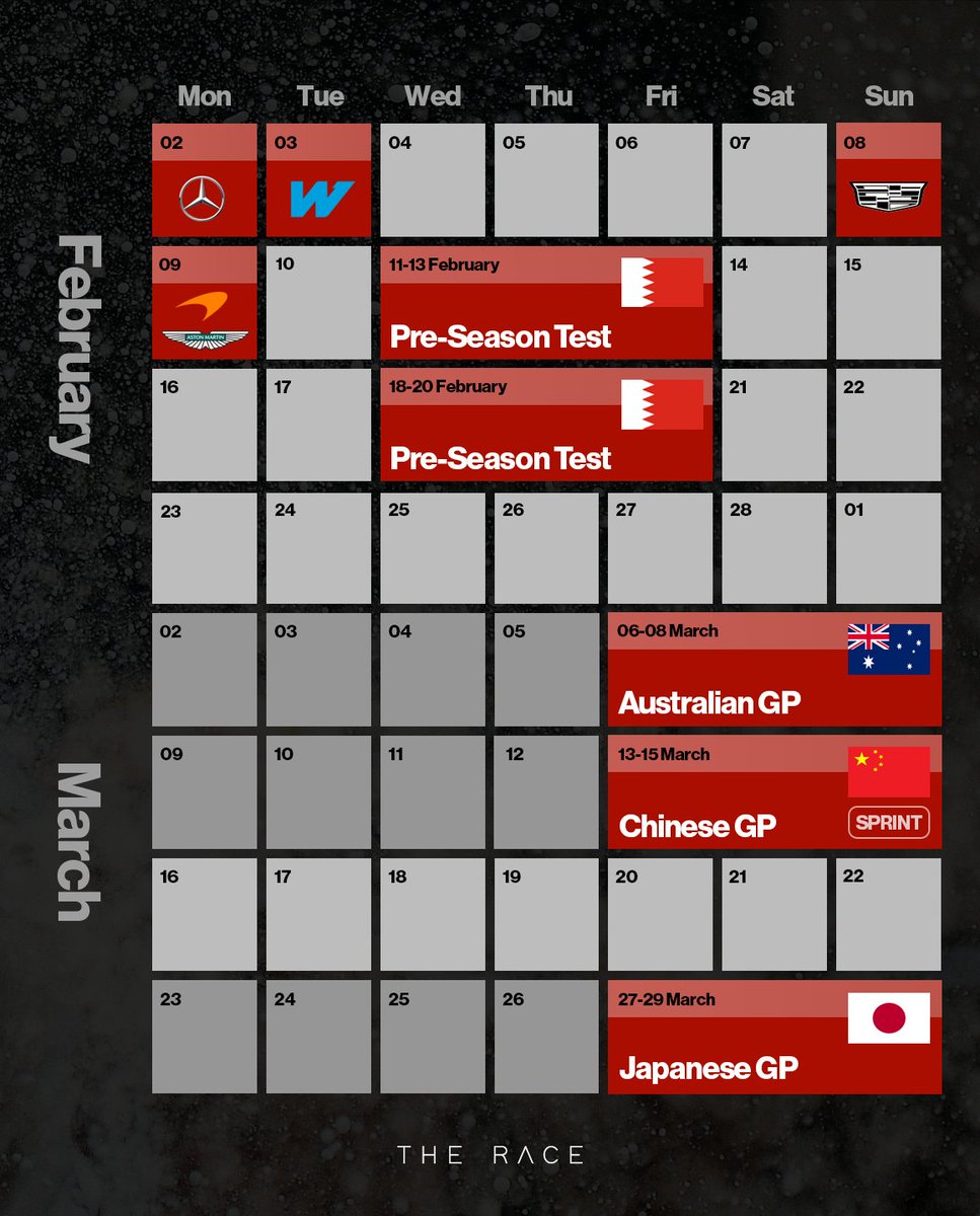 🗓️ Upcoming dates for your diary.. 

Remaining launches, pre-season testing and the start of the 2026 F1 season: