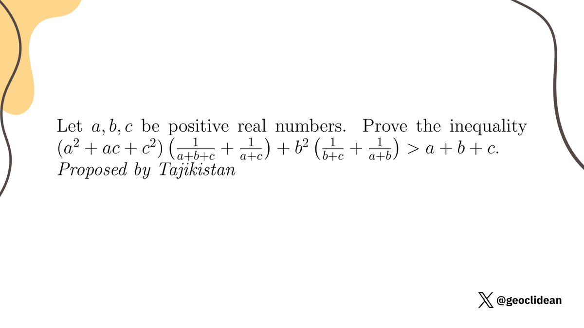geoclidean's tweet photo. JBMO Shortlist 2019 A6
#Algebra #Inequalities #JBMO #InequalitiesProposed https://t.co/95U0bCaUeP
