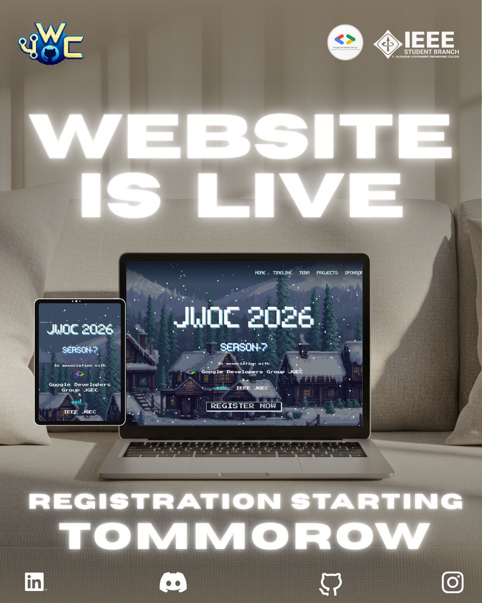 JWOC188597's tweet photo. JWOC Website is LIVE! 

The wait is finally over!
The JGEC Winter of Code (JWOC) official website is now live 🌐

🗓 Registrations start TOMORROW!

👉 Register. Contribute. Learn. Grow

#JWOC #JGECWinterOfCode #OpenSource #Developers #CodingCommunity #StudentsInTech #WinterOfCode https://t.co/KGcufowxCN