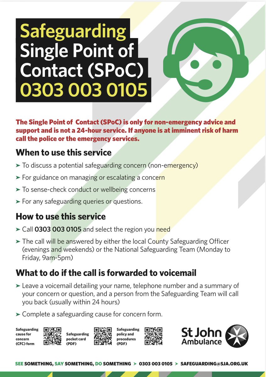 SJA_SGTeam's tweet photo. Providing advice and support via Single Point of Contact (SPOC) to @StJohnAmbulance volunteers and staff. Safeguarding is everyone’s responsibility. https://t.co/GyhW4v99lA