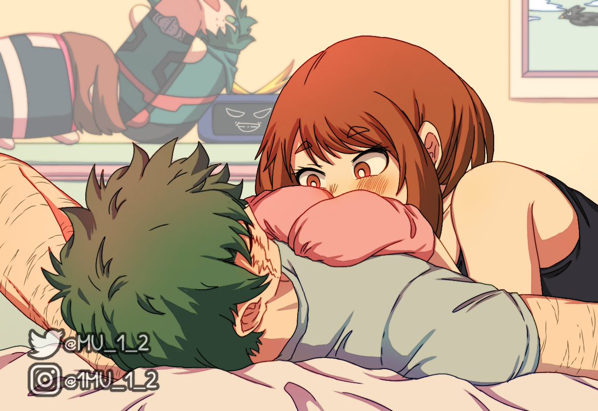 1MU_1_2's tweet image. Whole Izuocha mochi plushies story:
-It started in 2022 when I asked for everyone giving ideas to draw Izuocha and one of them is drew Ochako hugging Deku plush making Deku jealous meme
-And after that you can usually saw Deku mochi plush alone in the background in all the art...