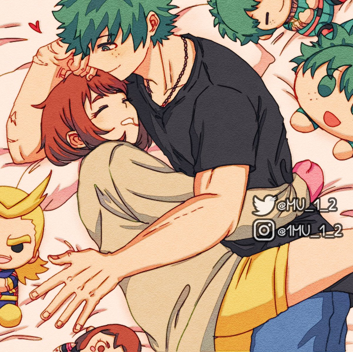 1MU_1_2's tweet image. Whole Izuocha mochi plushies story:
-It started in 2022 when I asked for everyone giving ideas to draw Izuocha and one of them is drew Ochako hugging Deku plush making Deku jealous meme
-And after that you can usually saw Deku mochi plush alone in the background in all the art...