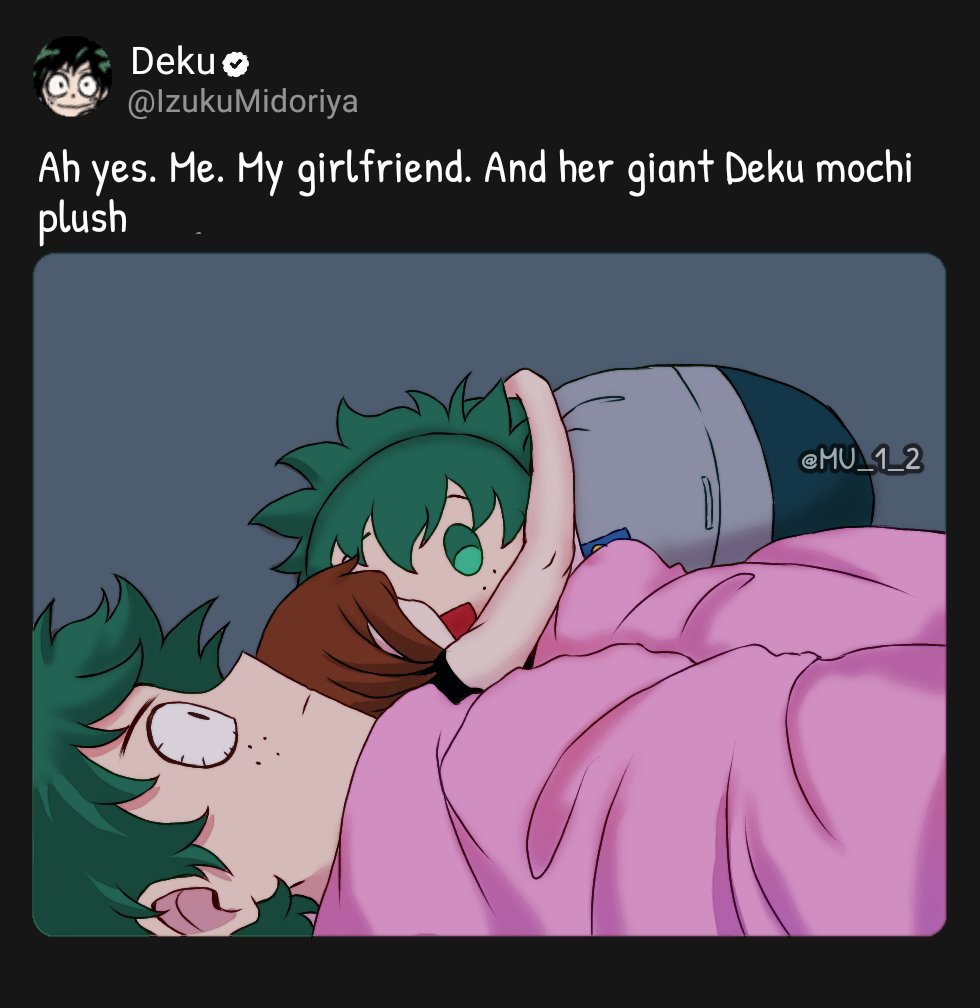1MU_1_2's tweet image. Whole Izuocha mochi plushies story:
-It started in 2022 when I asked for everyone giving ideas to draw Izuocha and one of them is drew Ochako hugging Deku plush making Deku jealous meme
-And after that you can usually saw Deku mochi plush alone in the background in all the art...