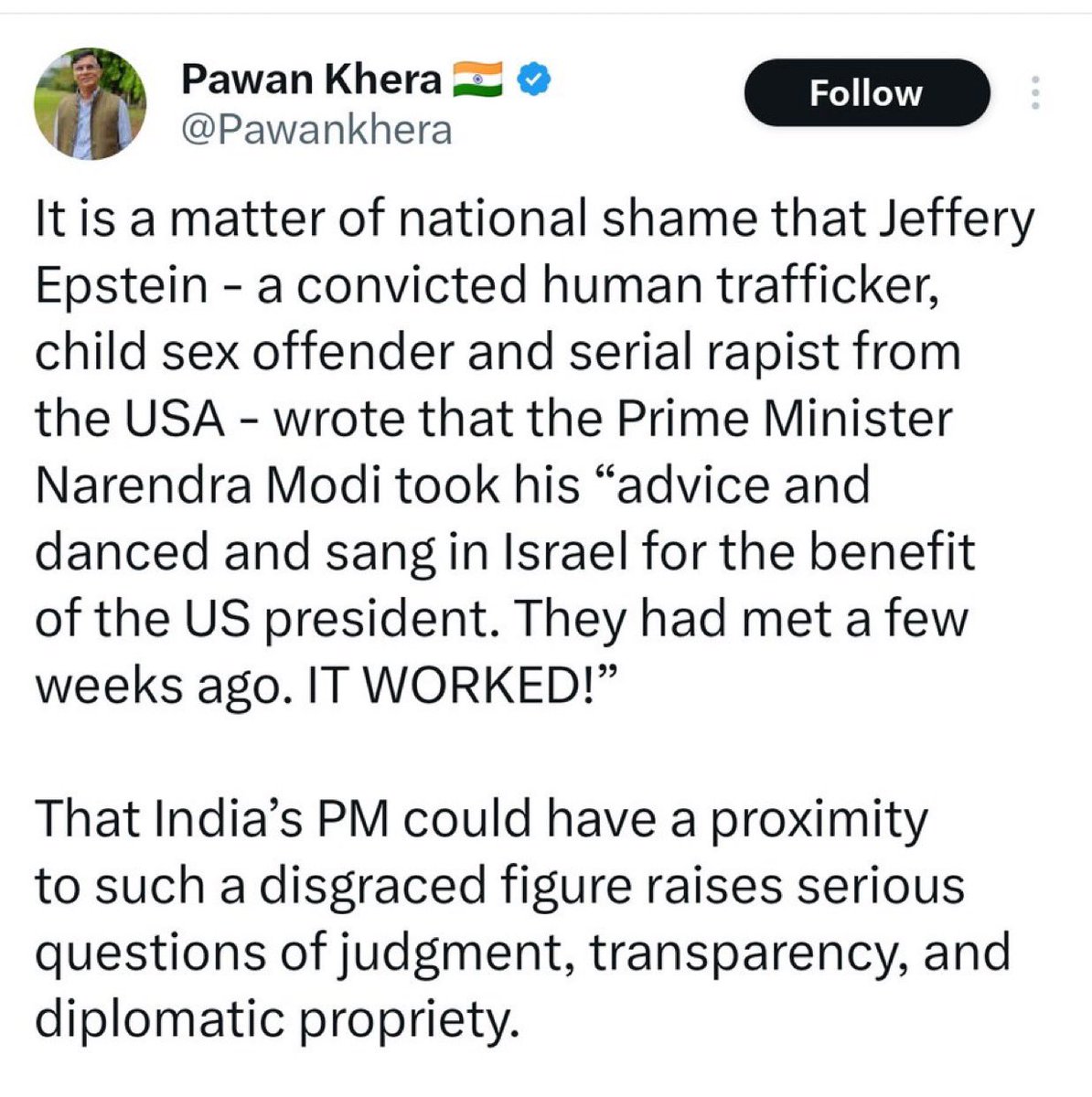 rishibagree's tweet photo. What a hopelessly clueless opposition we have.

PM Modi “danced and sang with Israel” is used an idiom for India’s strong, joyful alignment with Israel.

But Congress, in their trademark literal-minded stupidity, is now seriously alleging that Modi literally danced and sang at some party.

Peak intellectual bankruptcy.