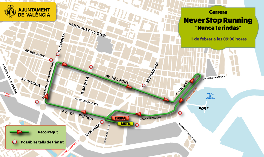 AjuntamentVLC's tweet photo. 👟🏃Recorda, este diumenge arriba a #CaminsalGrau, la XI Carrera Popular #NeverStopRunning del @CtoValencia
⏰ De 9h a 10:20h
✖️ Estacionar 31/1 22h a 1/2 12h
ℹ️ Consulta resta d'afeccions al @TransitValencia i desviaments de l'@emtvalencia, de 6h a 12h

🔗https://t.co/cW7hlJLhUs https://t.co/NLF2rdLRkG
