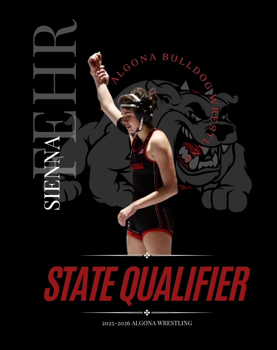 AlgonaStuCo's tweet photo. ON TO STATE - Sienna Fehr!!!! An AHS junior State qualifier at 135 pounds! Awesome work!
Graphic by Mara Davis https://t.co/Z4vF8qXYTA