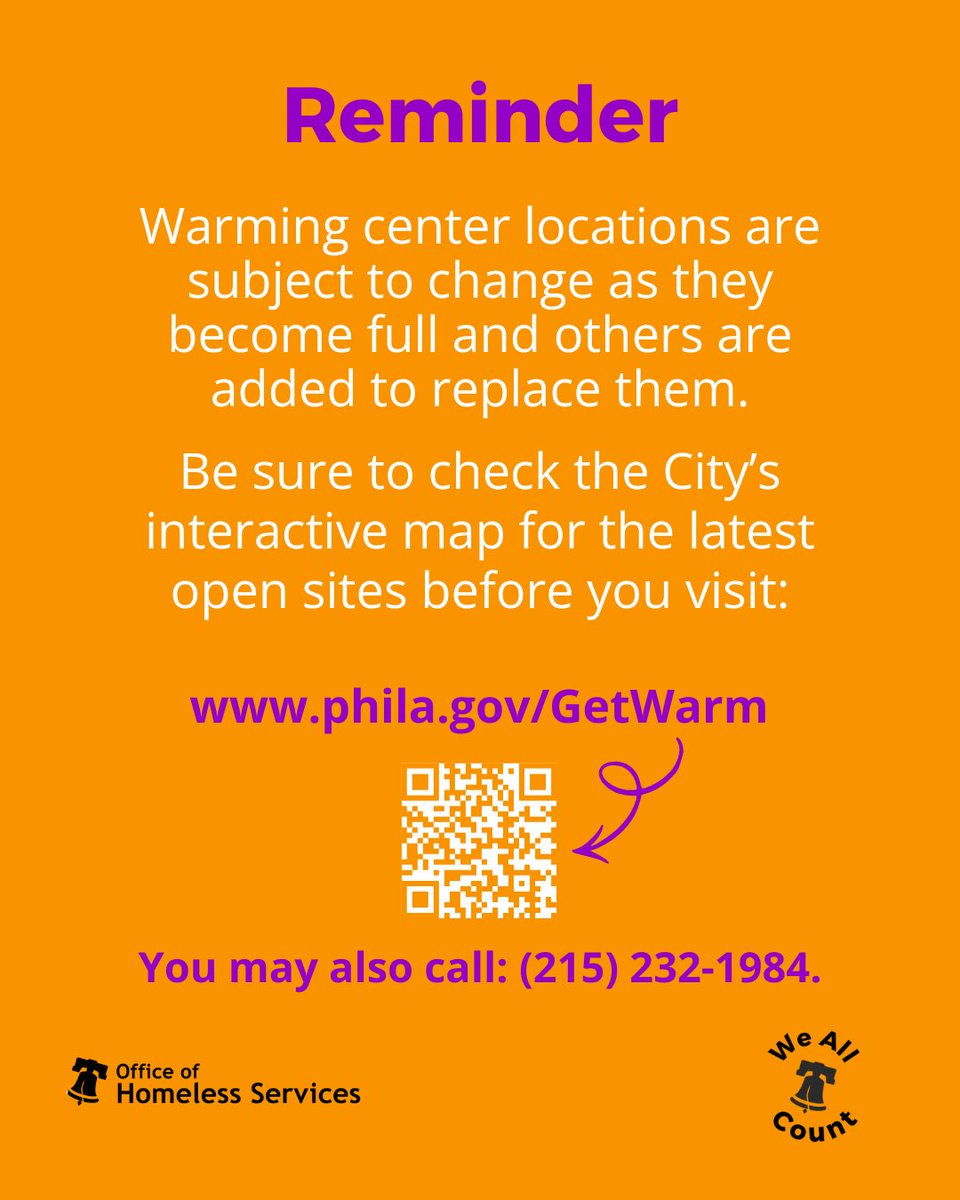 PHLCityHomeless's tweet image. Warming centers continue to remain open throughout the ongoing Enhanced #CodeBlue. Here are today's open daytime sites. 👇🏽For help finding one for you or someone else who's living outside in these dangerously icy temps, call (215) 232-1984. Latest map: phila.gov/GetWarm