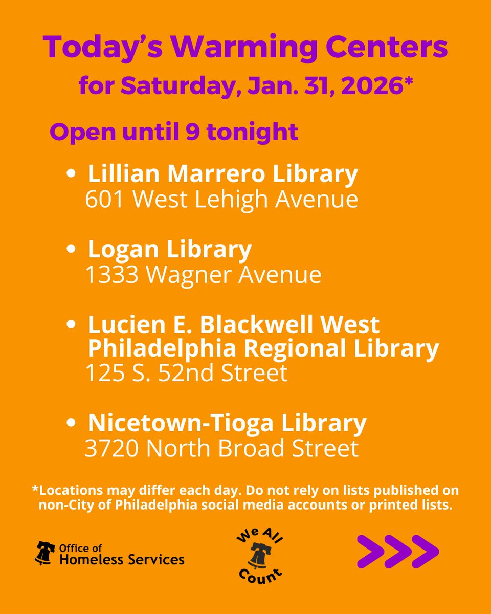 PHLCityHomeless's tweet image. Warming centers continue to remain open throughout the ongoing Enhanced #CodeBlue. Here are today's open daytime sites. 👇🏽For help finding one for you or someone else who's living outside in these dangerously icy temps, call (215) 232-1984. Latest map: phila.gov/GetWarm