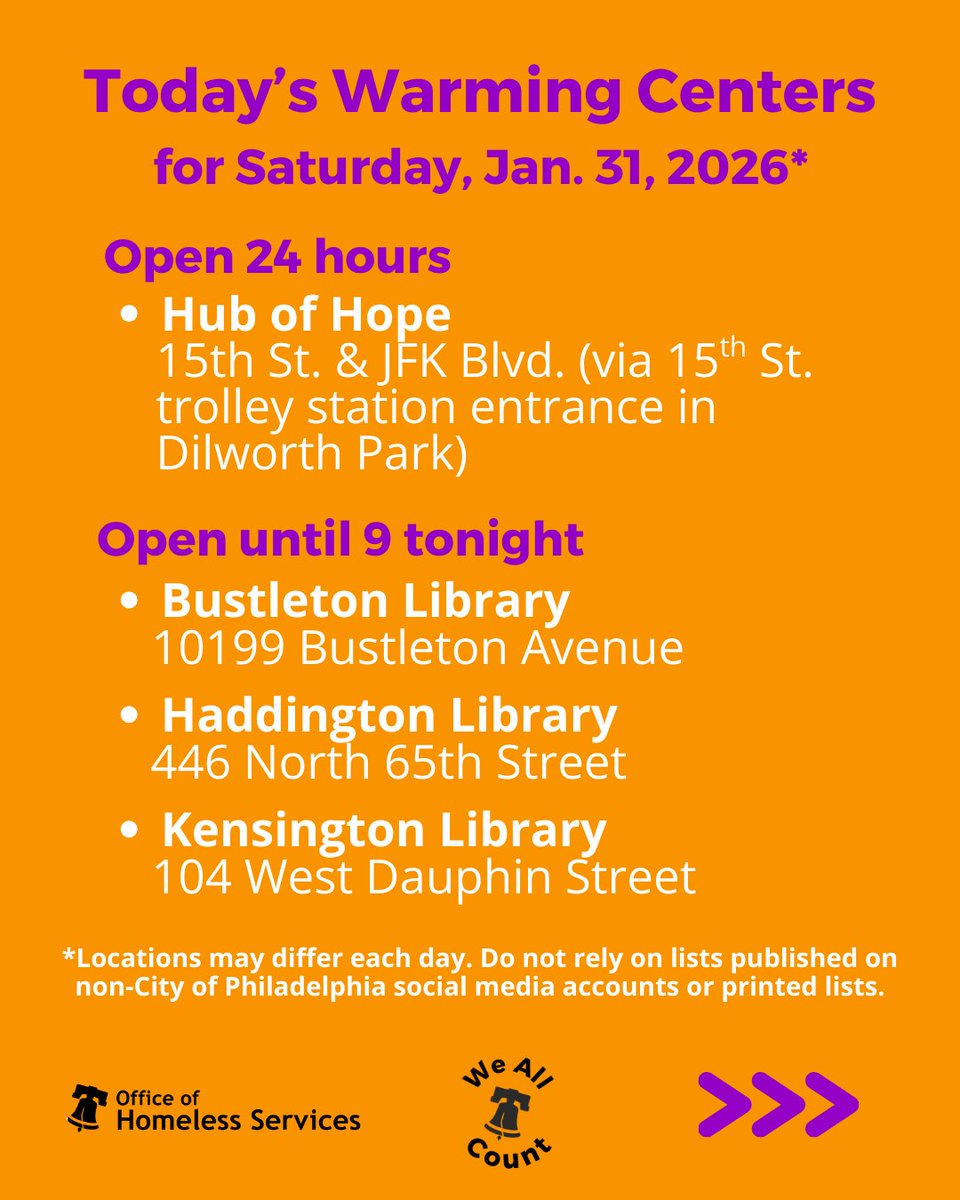 PHLCityHomeless's tweet image. Warming centers continue to remain open throughout the ongoing Enhanced #CodeBlue. Here are today's open daytime sites. 👇🏽For help finding one for you or someone else who's living outside in these dangerously icy temps, call (215) 232-1984. Latest map: phila.gov/GetWarm