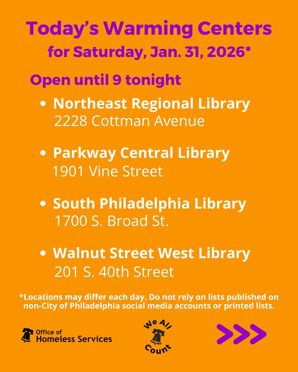 PHLCityHomeless's tweet image. Warming centers continue to remain open throughout the ongoing Enhanced #CodeBlue. Here are today's open daytime sites. 👇🏽For help finding one for you or someone else who's living outside in these dangerously icy temps, call (215) 232-1984. Latest map: phila.gov/GetWarm