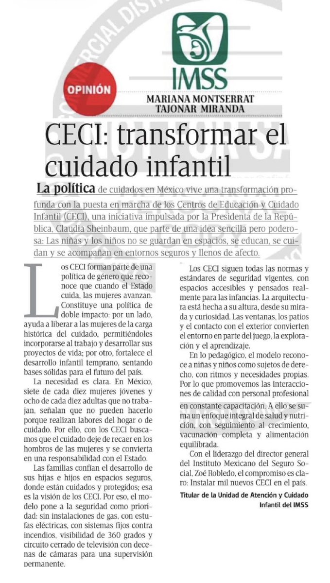 zoerobledo's tweet photo. 🗣️En @Tu_IMSS, cuidar es una política pública.

Los #CECI transforman el cuidado infantil, impulsan la igualdad y fortalecen el futuro de México desde la primera infancia 🫶🏼

📰 #HoyHayQueLeer a Mariana Tajonar en su columna: “CECI: transformar el cuidado infantil”.

🔗https://t.co/5FyTSUuOs5