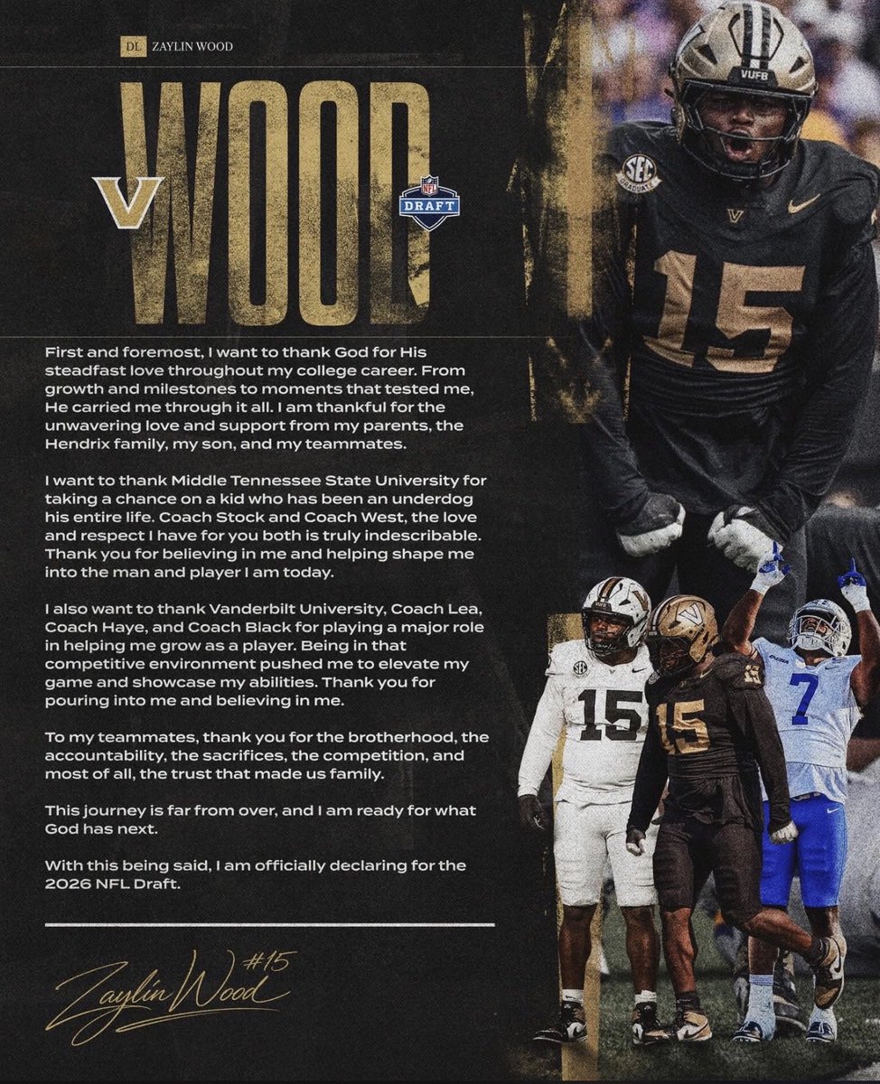 HeardBraves's tweet photo. Former Heard County Brave, Zaylin Wood, is heading for the NFL draft! Zaylin was a three time state champ at Heard County (football, weight-lifting, and track), and he had an excellent college career starting at MTSU and finishing at Vandy! We couldn’t be more proud of him and his many accomplishments; we have no doubt there’s many more to come! Congrats Zaylin! #TheHCway #BravesInTheLeague