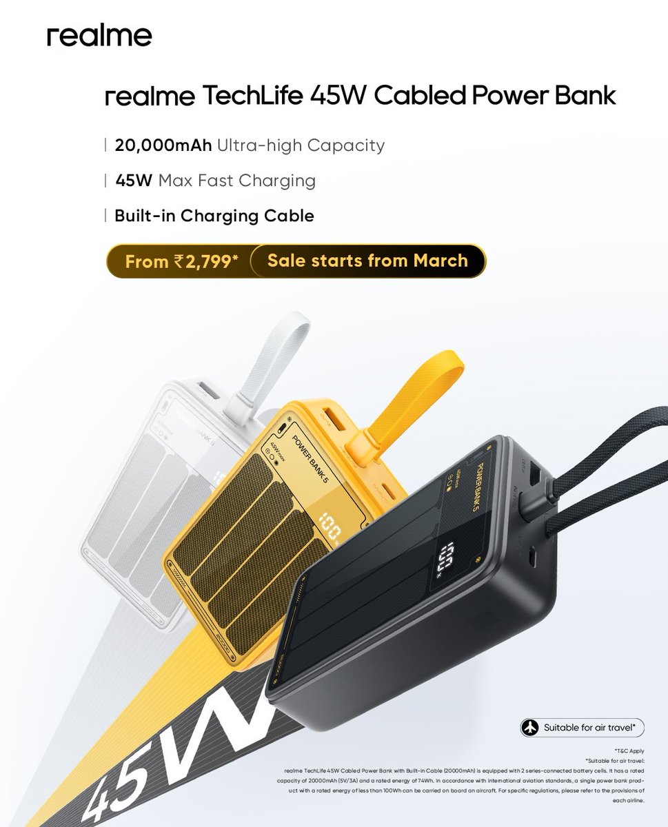 tsaikumar1989's tweet image. The realme TechLife 45W cabled power bank launched on 29th January in India.

Price: ₹2799*
Sale starts from March but no exact date revealed.

@stufflistings hope you add this to ur collection..
#realme #PowerBank