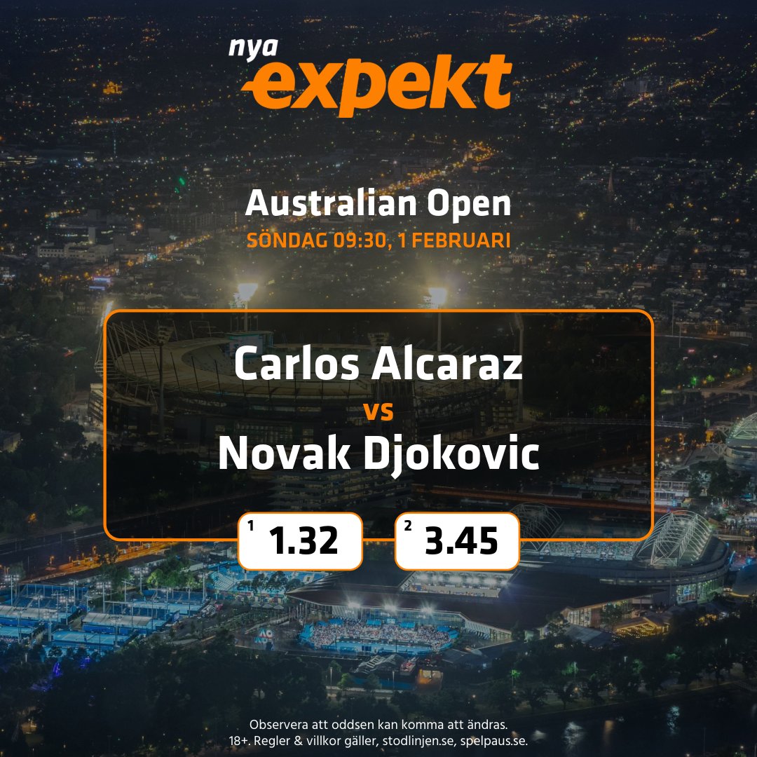 Australian Open-final mellan Alcaraz mot Djokovic till söndagens morgonkaffe! Vem vinner årets första Grand Slam? ☕️🎾 Odds: bit.ly/4roPp1x