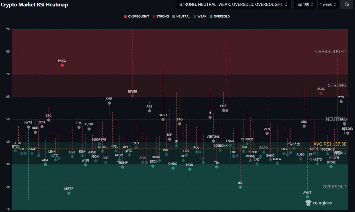 DaanCrypto's tweet image. The Weekly RSI Heatmap is showing further downside momentum by the top 100 coins.

These are still in a pretty weak to neutral area looking at the RSI. Definitely not super oversold yet. But getting to that level quickly on the weekly.