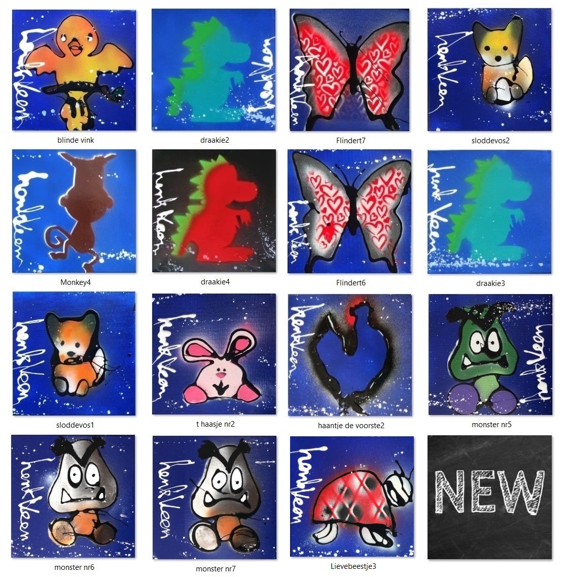 Nieuwe serie BRILLIES ON THE MOVE van kunstenaar <a href="/HenkVeen/">Henk Veen</a>.
Welke wil jij hebben? Wees er razendsnel bij!
Formaat 20 x 20 cm.
Prijs per stuk: 25 euro.
Interesse? Whatsapp 06-28135247

En natuurlijk ook de Wild Ones/Funnies, wilde beestjes die leuk zijn of een gekke naam hebben.