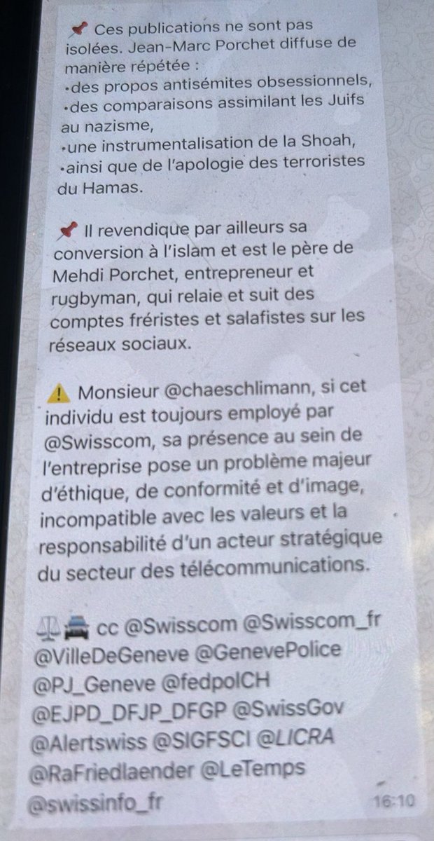 Jenny14800's tweet image. Ici 1#antisémite se réjouissant de la mort  filles,de femmes #juives à #Crans-Montana
de leur meurtre pdt le #pogrom,
pdt les attaques du #HamaSS
#Jean-MarcPorchet
doit être renvoyé par @Swisscom
s’il y travaille 
Merci d’Agir @SwordOfSalomon
@JCoupable @MelkiMuriel
@GWGoldnadel