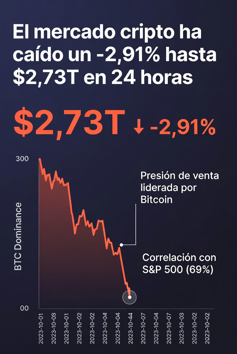 El mercado cripto ha caído un -2,91% hasta $2,73T en 24 horas, principalmente debido a la presión de venta liderada por Bitcoin. Existe una fuerte correlación (69%) con el S&amp;P 500, lo que indica que el movimiento está impulsado por factores macroeconómicos.