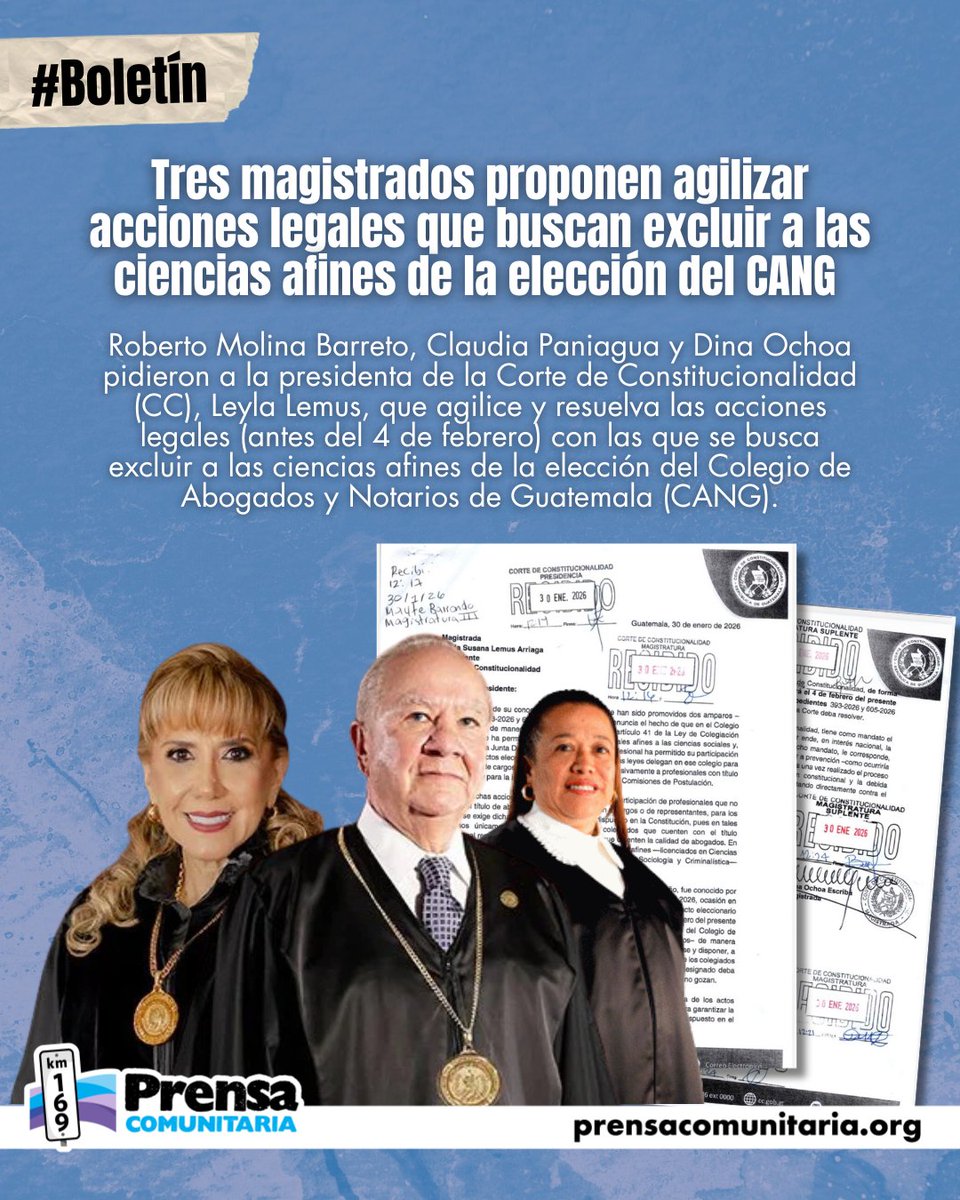 📢👁 Presión en la CC por elección del CANG

Los magistrados Roberto Molina Barreto, Claudia Paniagua y Dina Ochoa pidieron a la presidenta de la Corte de Constitucionalidad (CC), Leyla Lemus, resolver antes del 4 de febrero las acciones legales que buscan excluir a las ciencias