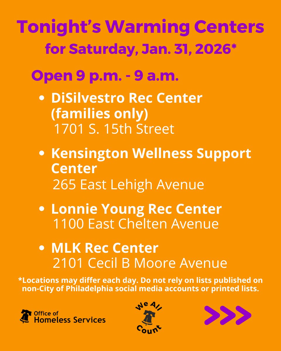 PHLCityHomeless's tweet image. If you or someone you know need someplace to stay overnight during the continued Enhanced #CodeBlue, get out of the dangerous freezing temps at one of these @PhiladelphiaGov warming centers.👇🏽Call (215) 232-1984 for help finding or getting to one. #onephilly #WeAllCount