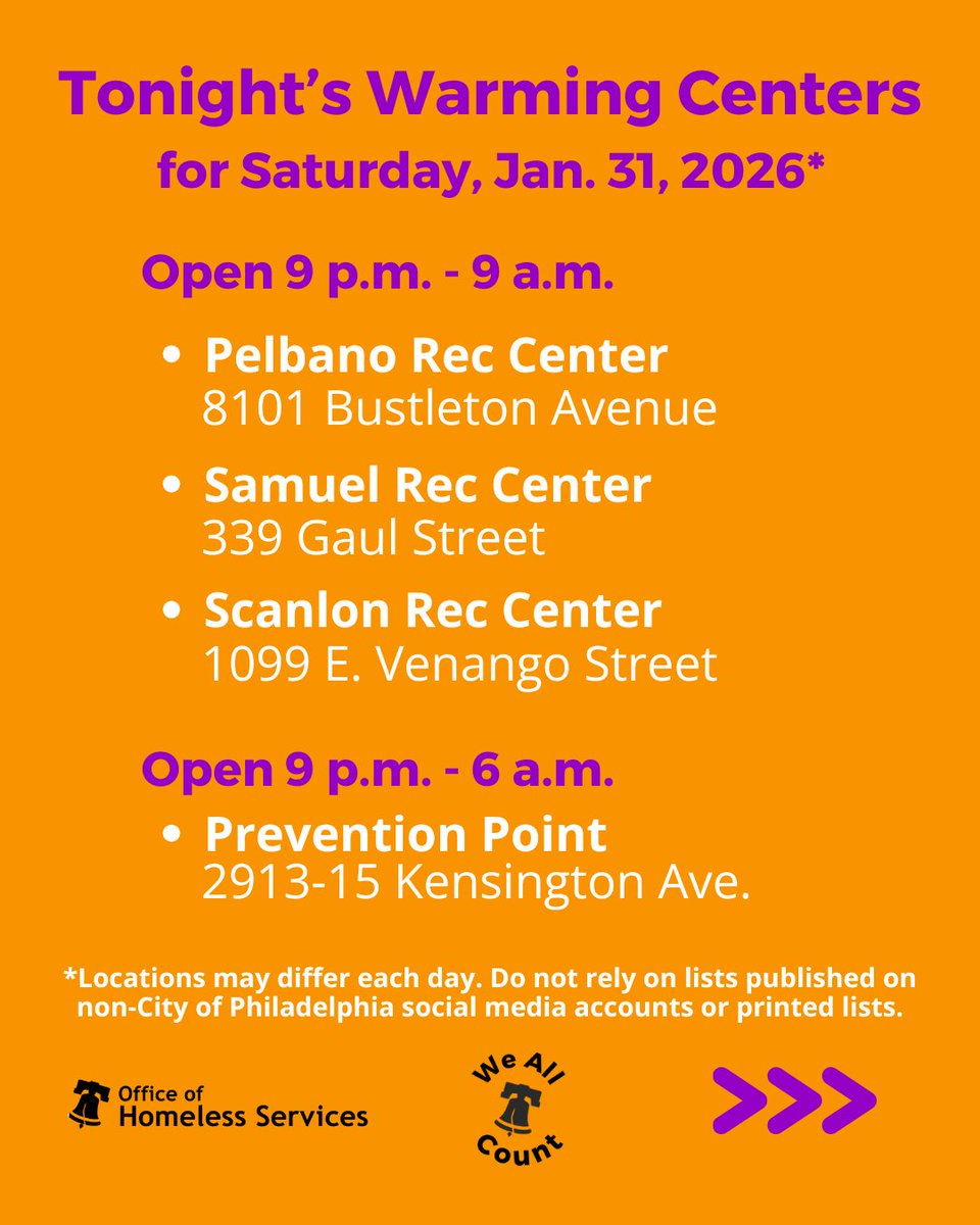 PHLCityHomeless's tweet image. If you or someone you know need someplace to stay overnight during the continued Enhanced #CodeBlue, get out of the dangerous freezing temps at one of these @PhiladelphiaGov warming centers.👇🏽Call (215) 232-1984 for help finding or getting to one. #onephilly #WeAllCount