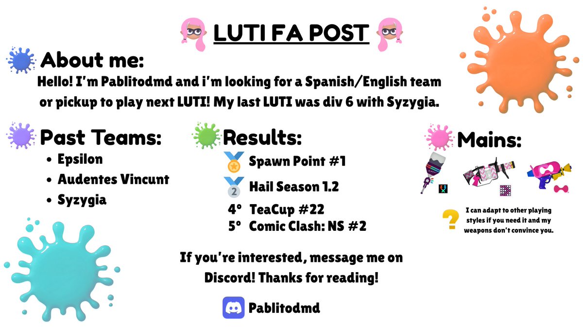 🇪🇸​ Estoy buscando equipo o pickup para jugar LUTI. Mas info en la primera imagen🥺
🇬🇧 I’m looking for a team or a pickup to play LUTI. More info in the second image🥺

Sendou links:
sendou.ink/u/pablitoodmd
sendou.ink/u/pablitodmd

♻️RTs appreciated ♻️
