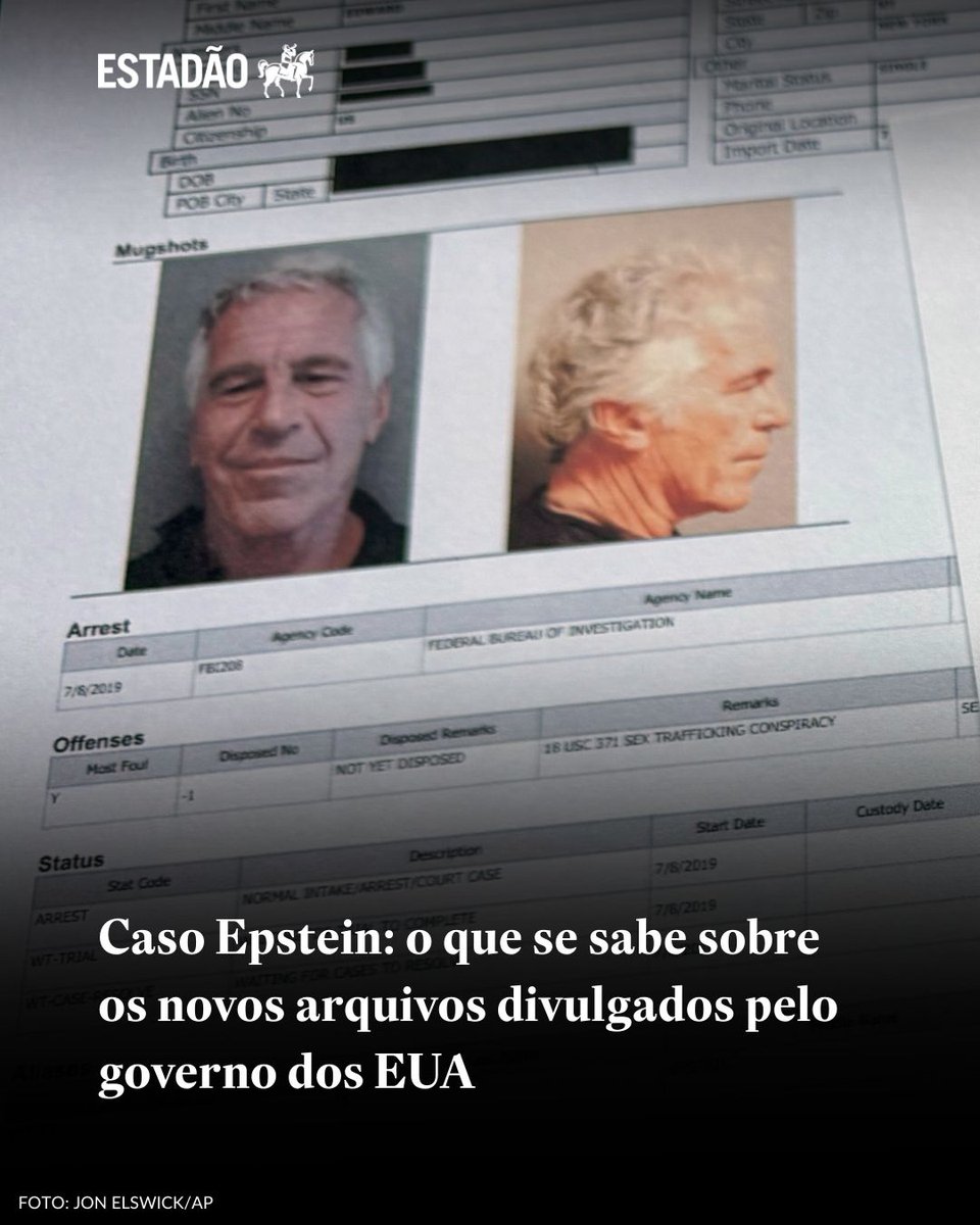 Estadao's tweet image. Caso Epstein: o que se sabe sobre os novos arquivos divulgados pelo governo dos EUA 🔗 bit.ly/4c4sZ1b

Estadão listou os principais pontos sobre as revelações dos novos documentos.