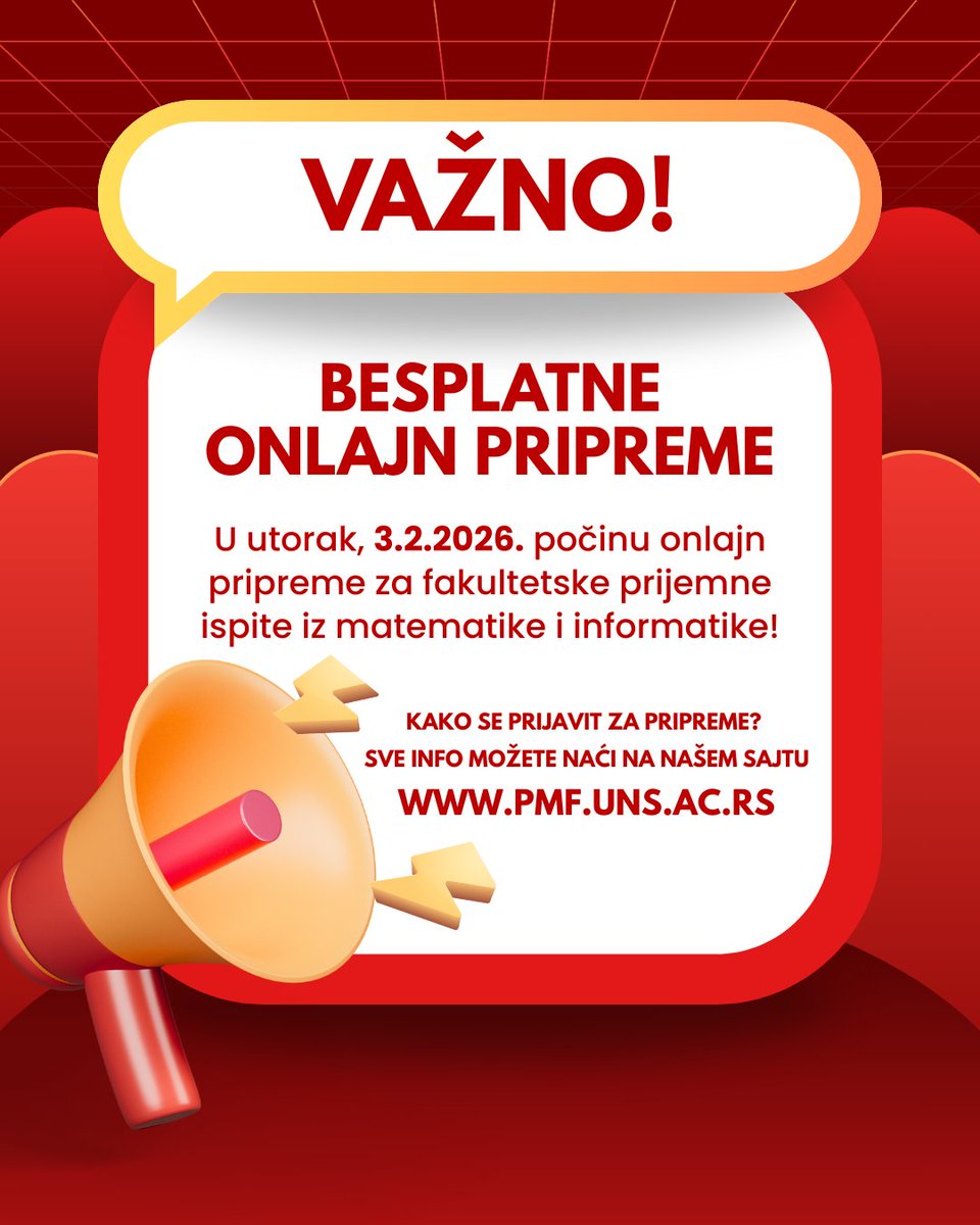 Besplatne onlajn pripreme za fakultetske prijemne iz matematike i informatike počinju u utorak, 3.2.2026. u 20h.
Zainteresovani srednjoškolci se za ove pripreme prijavljuju - kreiranjem naloga na edumoodle.pmf.uns.ac.rs